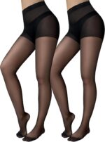 Jamieya 2 Pairs Black Sheer Tights for Women, 20D Control Top Pantyhose Stockings Tummy Control Under Dress
